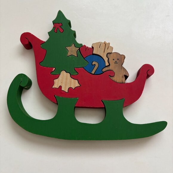 Santa Sleigh Jigsaw Puzzle Block Wood Handcrafted Christmas Figurine 3D Vintage - Picture 2 of 15